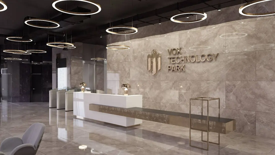 Lobby Vox Technology Park: marmură, inele LED, alamă — mobilier comercial la comandă Fine Cut Furniture