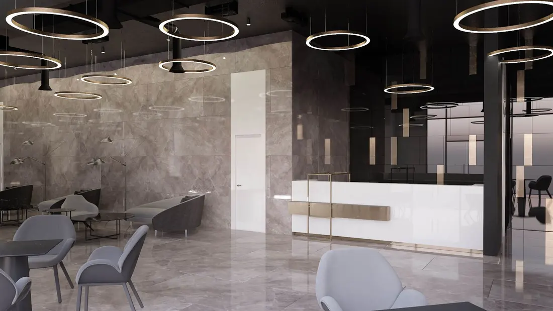 Lobby Vox Technology Park: marmură, inele LED, alamă — mobilier comercial la comandă Fine Cut Furniture
