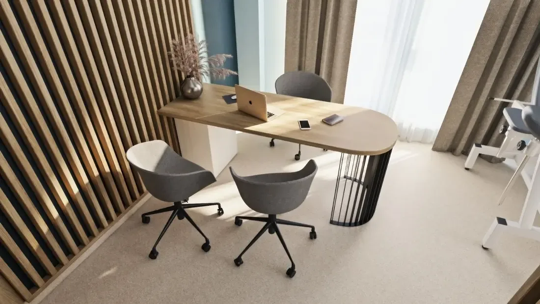Birou cu blat din lemn și perete din lamele verticale — mobilier comercial la comandă Fine Cut Furniture, Timișoara